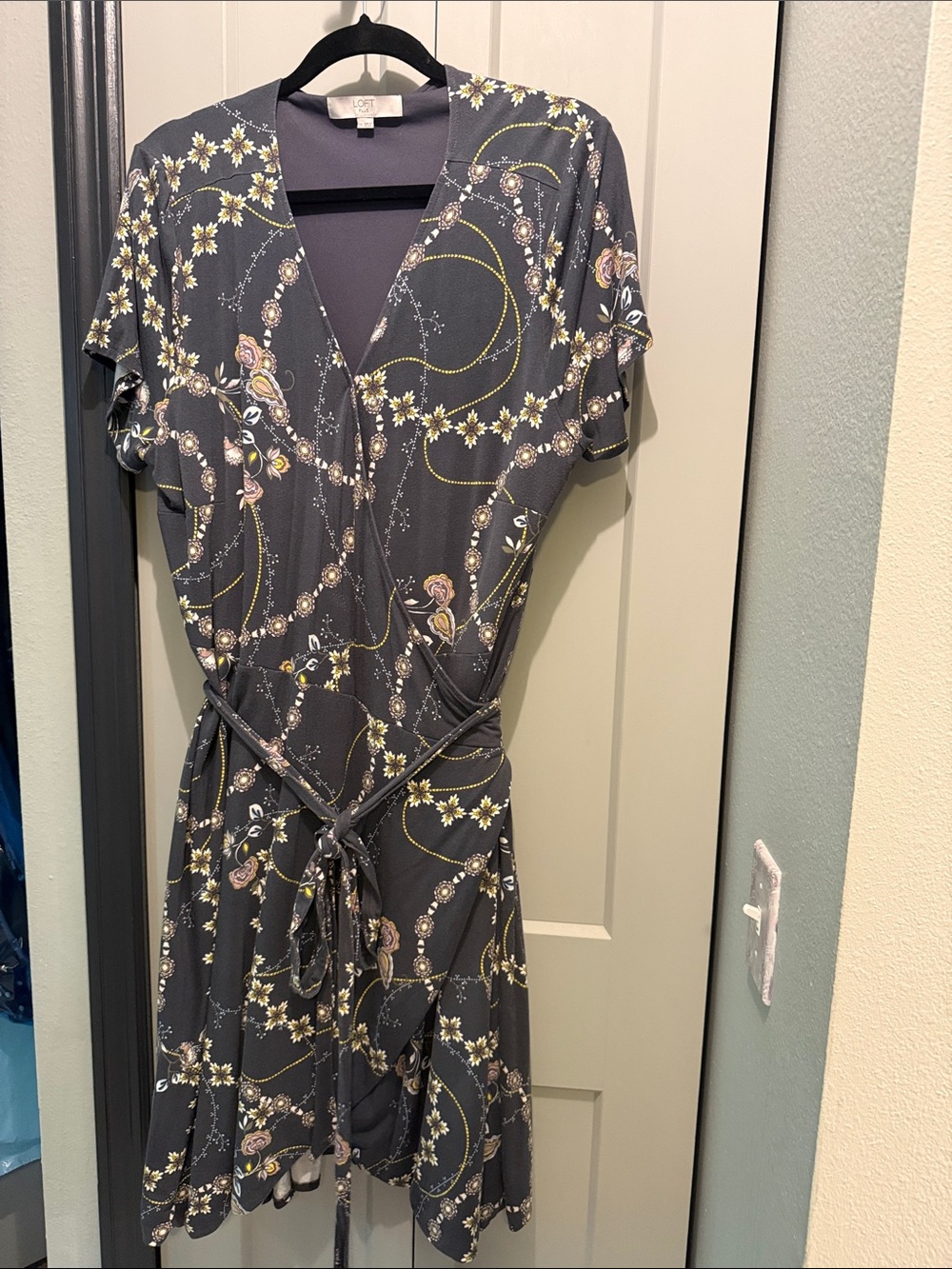 LOFT Charcoal Gray Floral Wrap Dress with Yellow Accents